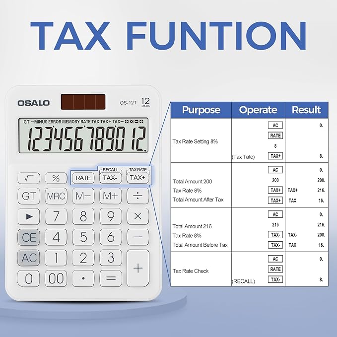 Pendancy Pocket Small Size Desk Calculator, 12 Digit Large LCD Display, Basic Tax Function Handheld Desktop Calculator with Solar Battery Dual Power, for Office, School, Business OS-12T (White)
