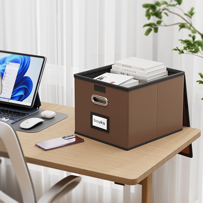 Huolewa Faux Leather File Organizer Box with Lid, Collapsible Hanging File Folder Box Organizer with Plastic Slides, Decorative Home/Office Filing Boxes for File and Folder Storage - Dark Brown