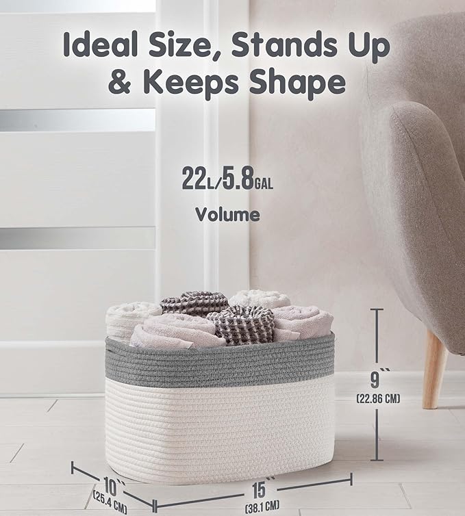 CHAT BLANC Cotton Rope Baskets for Organizing | Storage Baskets for Shelves | Rope Basket for Storage, Small Laundry Baskets, Woven Baskets for Storage, Dog Toy Bin, Baby Basket,Dark Gray&White 3 Pack