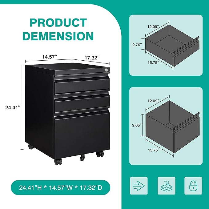 3 Drawer File Cabinet with Lock,Under Desk File Cabinet with Wheels,Black Rolling Filing Cabinets,Three Drawer Metal Filing Cabinet for Home Office,Fit A4/Letter/Legal File,- Assembly Required