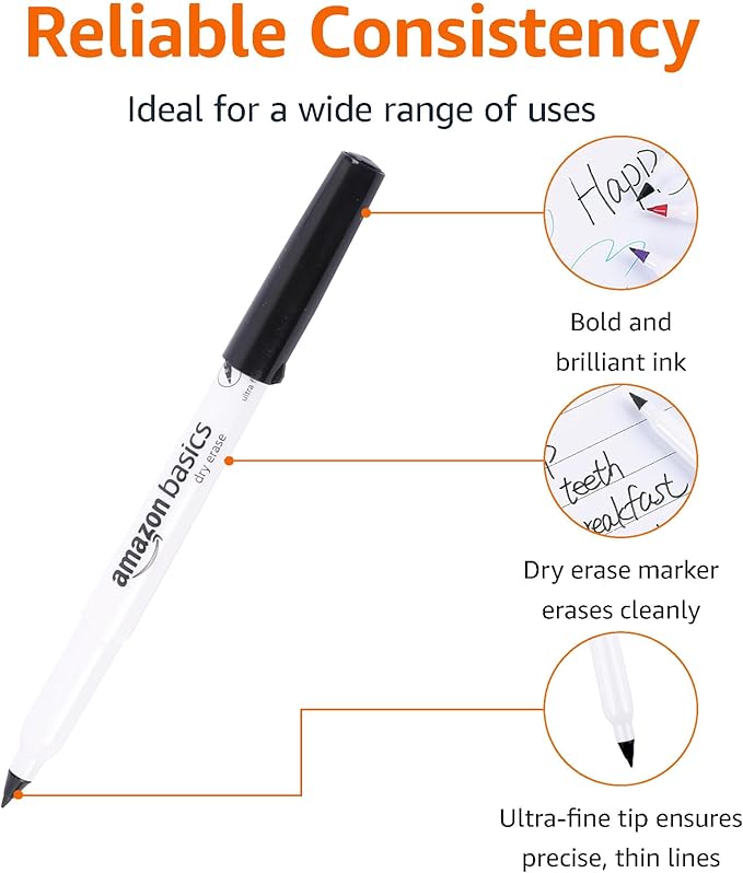 Amazon Basics Low Odor Ultra Fine Tip Dry Erase White Board Markers, Black, 12-Pack