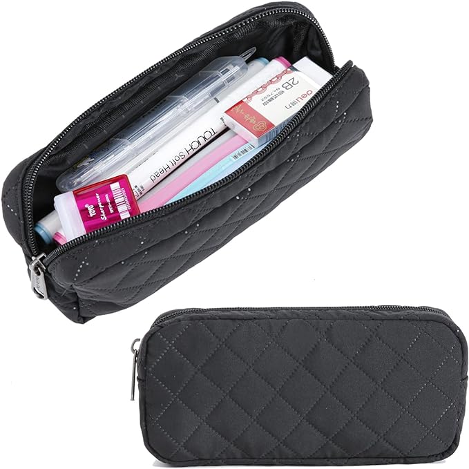 Della Gao Small Pencil Case Large Capacity Pencil Pouch Marker Pen Bag Coin Pouch Office Stationery Organizer (Black sewing)
