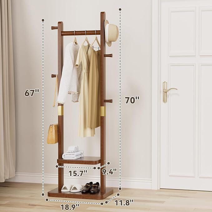 Solid Wood Coat Rack, Coat Rack Freestanding with 2 Shelves and 5 Hooks, Heavy Duty Coat Tree for Entryway，Living room，Coat Hanger Stand for Hats, Bags (Walnut Brown)