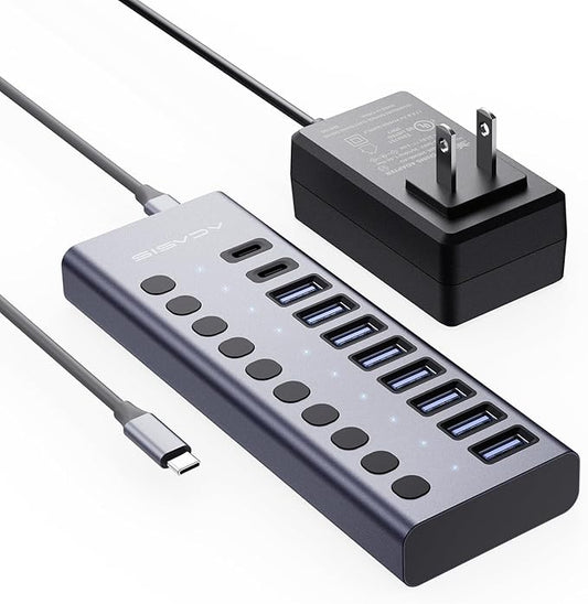 ACASIS 10 Ports 60W USB C 3.2 Hub, 10Gpbs Data Transfer, 20V/3A Power Adapter, Individual On/Off Switches, Aluminum Housing, USB Splitter for PC, Computer, Laptop, Mobile HDD, Flash Drive