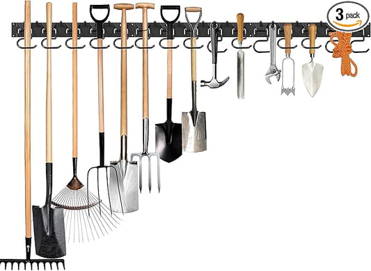 51 Inch Garden Tool Organizer Wall Mount with Non Slip Rubber Coated Metal Hooks, Storage Rack for Indoor/Outdoor Shovel, Rake, Mop and Broom Holder Wall Mount （ 15 Hooks+15 Holders