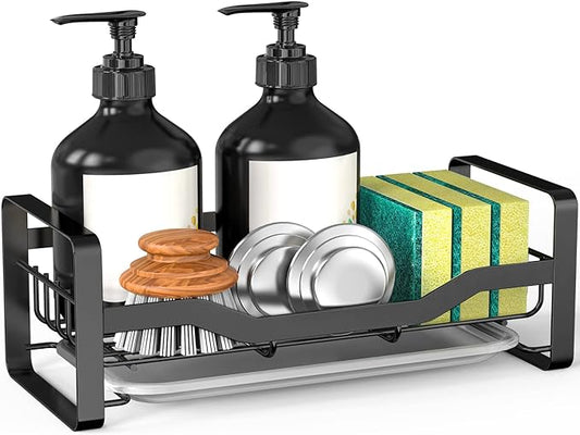 Sink Caddy Sponge Holder,Sponge Holder for Kitchen Sink,Kitchen Sink Organizer for Soap Brush Dispenser,Countertop Sink Caddy Organizer with Removable Drain Tray