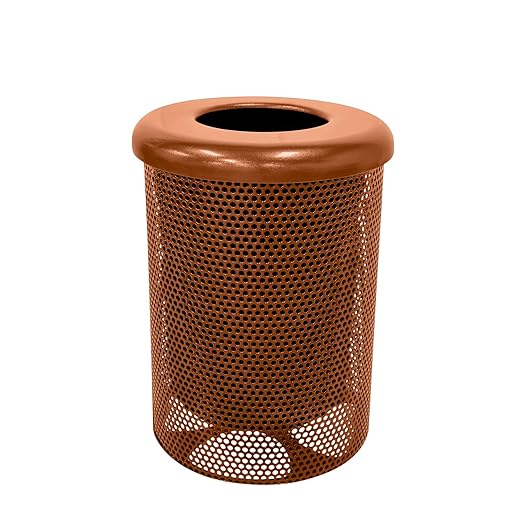 COATEDOUTDOORFURNITURE 32-Gallon Heavy-Duty Punched Steel Round Trash Receptacle, Commercial Outdoor Waste Bin with Liner & Black Flat Top Lid – Made in America (Textured Copper)