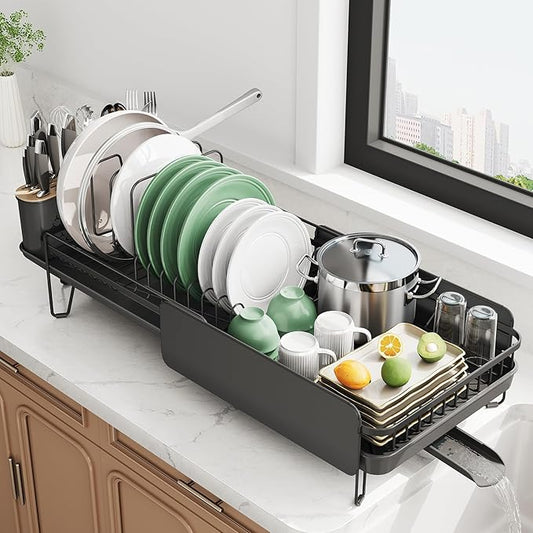 Large Dish Drying Rack - Expandable (19.3" to 29.4") Dish Rack for Kitchen Counter, Stainless Steel Dish Drainer with Utensil Holder, Pan Holder & Pot Lid Holder, Black