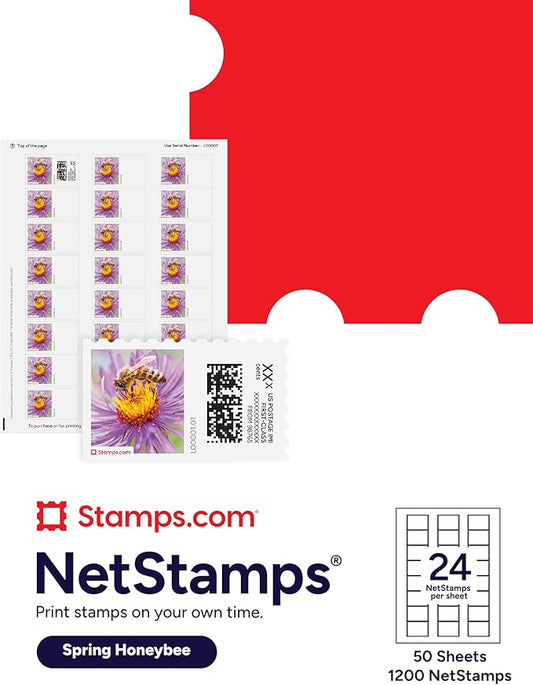 Spring Honeybee NetStamps 1200-Pack (50 Sheets) Printable Postage Labels (Stamps.com Subscription Required) - Print Approved Postage - Inkjet & Laser Printers - Business, Personal, Home