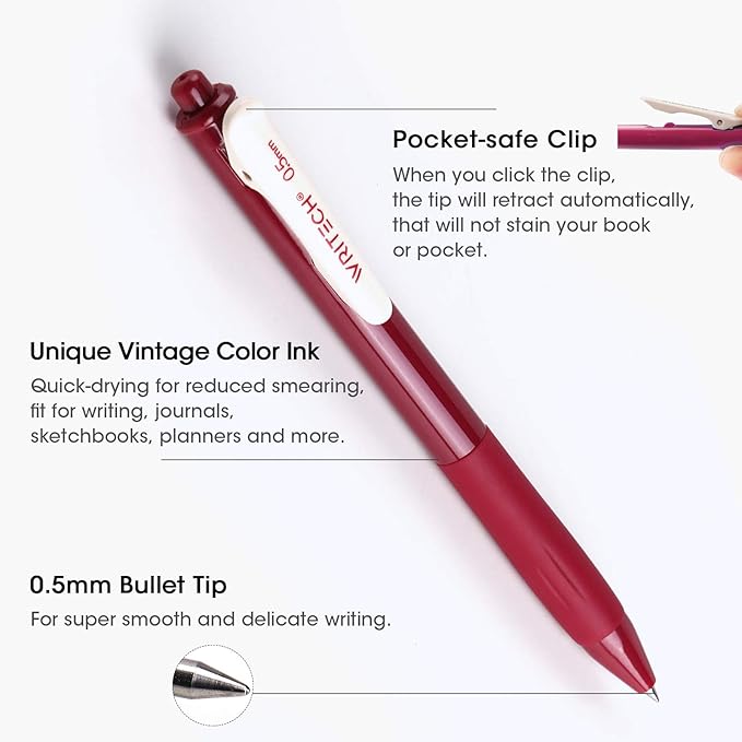 WRITECH Retractable Gel Pens Quick Dry Ink Pens Fine Point 0.5mm 10 Assorted Unique Vintage Colors For Journaling Drawing Doodling and Notetaking (Vintage 1)
