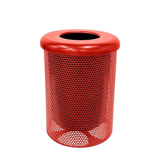 COATEDOUTDOORFURNITURE RFT-P-RED Heavy Duty Round Trash Receptacle with Flat Top, Liner Included, 32 Gallon, Red, Made in America