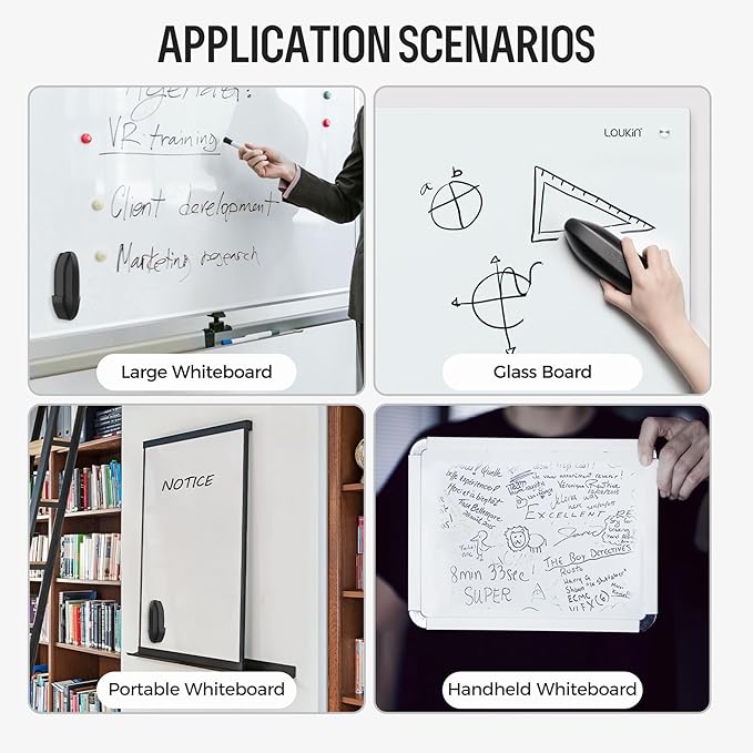 loukin Replaceable Dry Erase Eraser, Double-Sided Whiteboard Eraser with Magnetic Holder, Precision-Point Glass Board Wiper for Classroom, Home and Office (Whiteboard Cleaner Included), Black (Black)