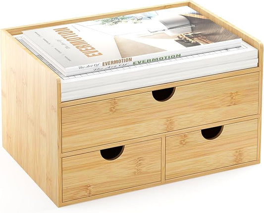Bamboo Desk Organizer with Drawers Desktop Storage Drawers for Bills Office Supplies Kitchen Utensils Organizing Tool for Home Classroom Organization No Assembly (Nature 3 Drawers)