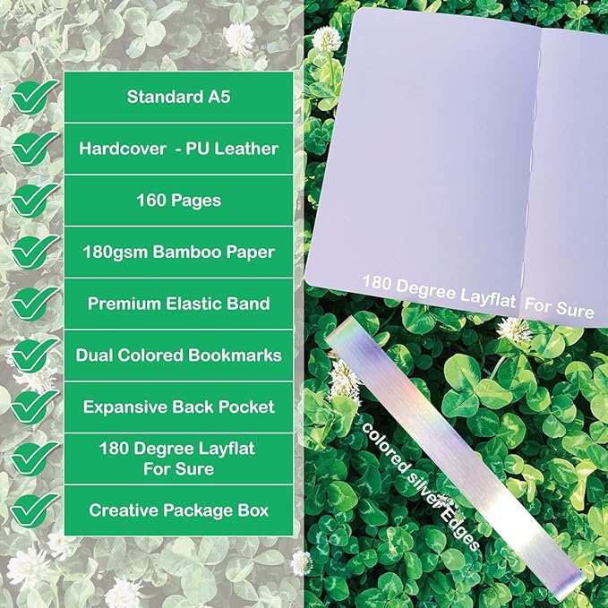 Dotted Notebook Journal 180GSM Bamboo Thick White Paper 160 Pages 5 * 5MM Dot Grid, Lay Flat Binding,Colored Silver Edges, Bookmarks and Expandable Back Pocket (BKP-8)