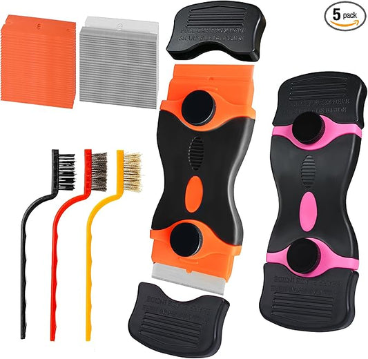 Razor Blade Scraper Tool,2 Pack Razor Scrapers with Extra 50Pcs Blades and 3pcs Wire Brushes Set,Glass Top Stove Scraper,Scraper Tool,Paint Scraper,Glass Scraper,Cleaning Tools for Oven, Cooktop