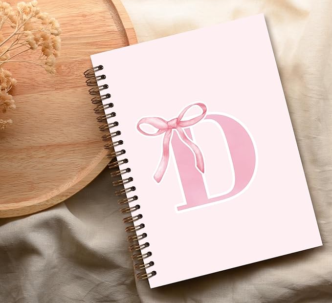 Coquette Trendy Preppy Pink Bow Spiral Notebook,Initial D Journal Personalized Teen Girl Gifts,Monogrammed Gifts for Women Teen Girl,College Ruled Hardcover Spiral Notebook 5.5 x 8.3