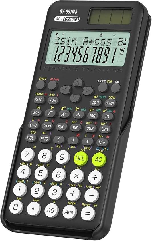 Scientific Calculator School Supplies, ROATEE 991MS 401 Functions 2-Line Display Desktop Calculator with Sliding Cover, Solar Battery Dual Power Kawaii for Middle High School Student and Teacher Black