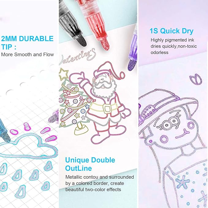 24-Color Metallic Outline Markers for Kids - Double Line Glitter Pens for Drawing, Cards & Crafts