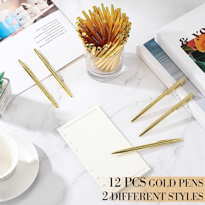 Fuutreo 12 Pack Wedding Gold Pens Bulk Gold Metal Pens Slim Ballpoint Retractable Ballpoint with Black Ink Mini Conical for Wedding Favors Guests, Office Business Teachers,1.0 mm