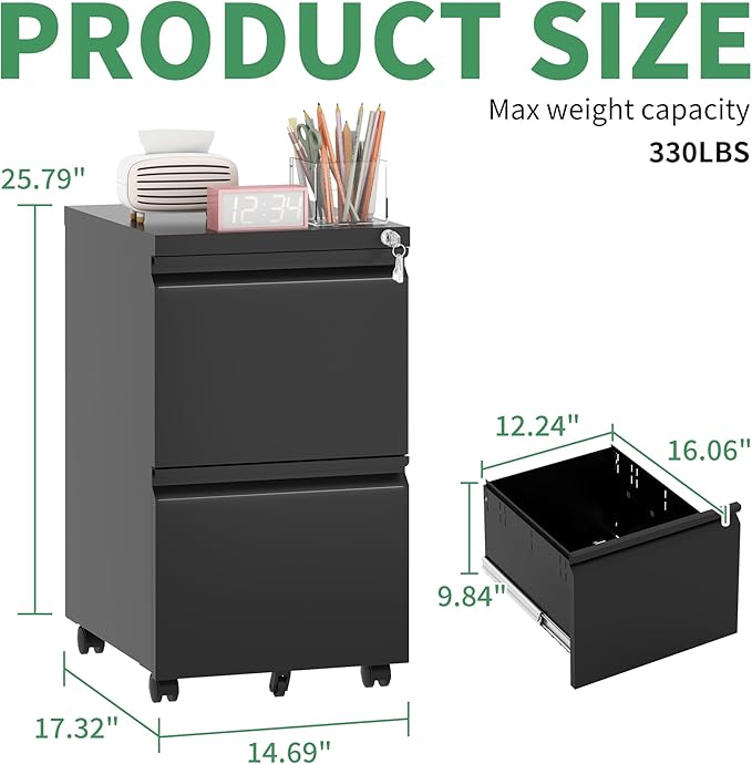 2 Drawer Mobile File Cabinet, Filing Cabinet Home Office for Letter, Legal Size, Fully Assembled Under Desk File Cabinet, Blac