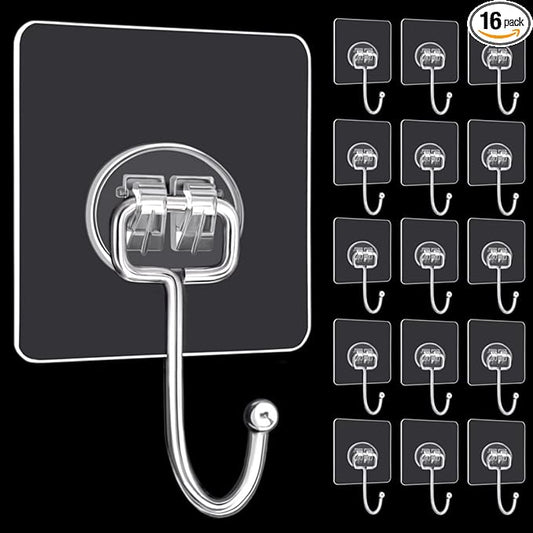DKHDBD Large Adhesive Hooks, 16-Pack Hold 33lb(Max) Heavy Duty Sticky Hooks, Waterproof Transparent Hooks for Hanging, Self-Adhesive Traceless Clear Wall Hooks to Use for Keys Robe & Towel