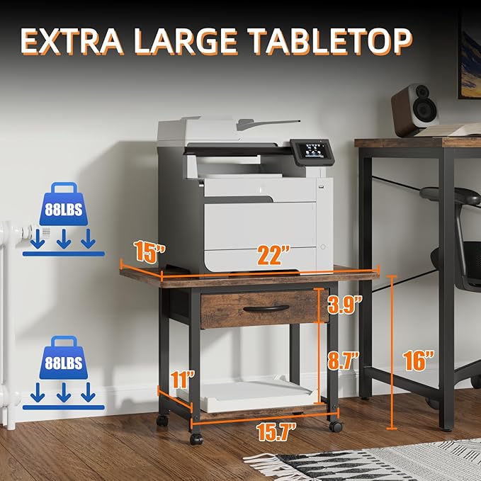 22"x15" Large Printer Stand with Storage Drawer, 2-Tier Under Desk Printer Table for Home Office, Printer Cart fit Fax Machine/3D Printer/Scanner(Brown)