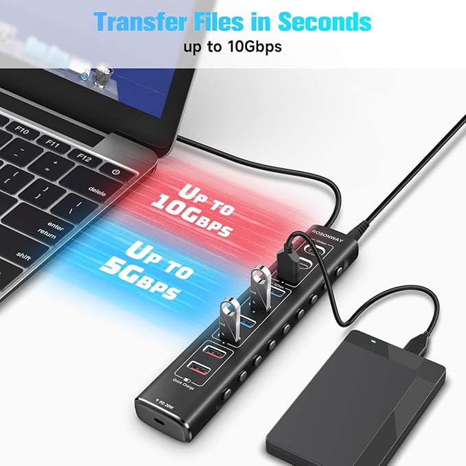 Rosonway 10-Port Powered USB 3.2/USB C Hub 60W with 3x10Gbps USB-3.2 Ports (2C + 1A), 4 USB 3.0 Data Ports, 1 USB-C PD and 2 USB-A Fast Charging Ports, Aluminum USB Splitter for Laptop/PC, RSH-A10QPD