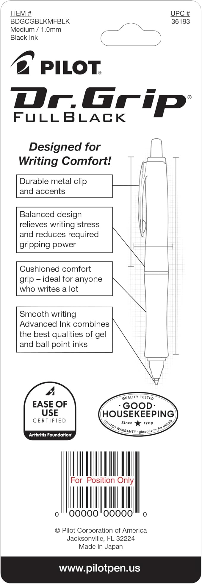 PILOT Dr. Grip FullBlack Refillable & Retractable Ballpoint Pen, Medium Point, Black Ink, Single Pen (36193)