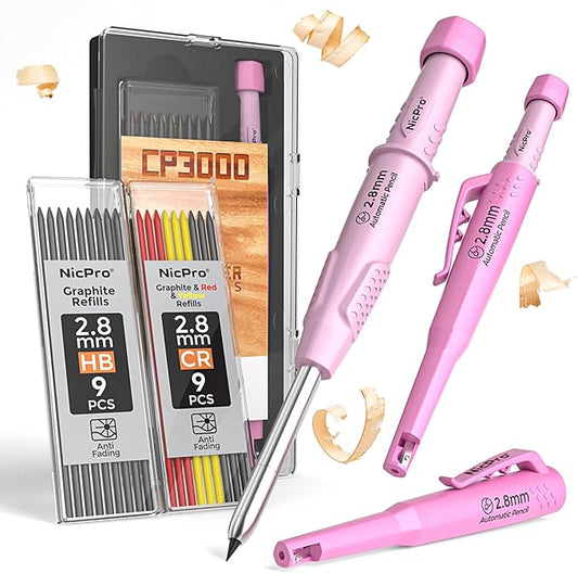 Nicpro CP3000 Carpenter Pencil with Sharpener, Construction Mechanical Pencils with 19 Refills, Heavy Duty Construction Pencil, Pink Woodworking Tools For Women, Great for Marking On Wood, Metal