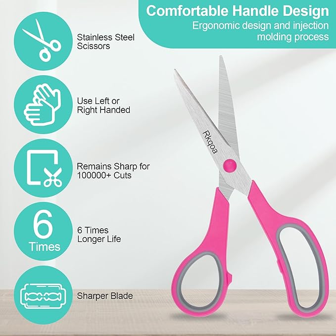 24 Black Scissors Bulk, Rkqoa 8" All Purpose Scissors Pack - Thick Sharp Shears for Office School Sewing Craft Supplies, Classroom Must have, Teacher/Class Scissor, Right/Left Handles