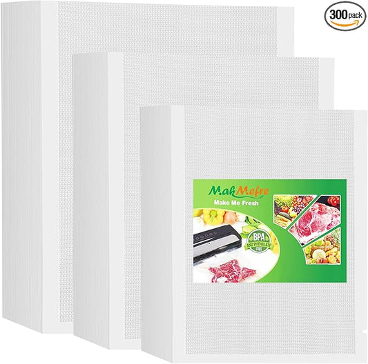 MakMeFre 300 Bags 100 of Each Size Gallon 11"x16" and Quart 8"x12" and Pint 6"x10" BPA Free Sous Vide Seal a Meal Commercial Grade Vacuum Seal PreCut Combo Pack Bag