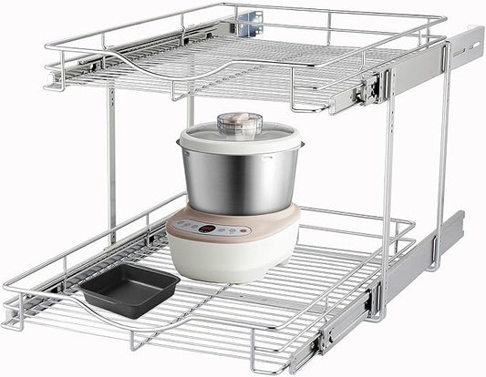 DINDON 2 Tier Pull Out Cabinet Organizer (20" W X 18" D), Double Tier Wire Basket Slide Out Shelf Storage for Kitchen Base Cabinet Organization for Kitchen, Pantry, Bathroom, Chrome