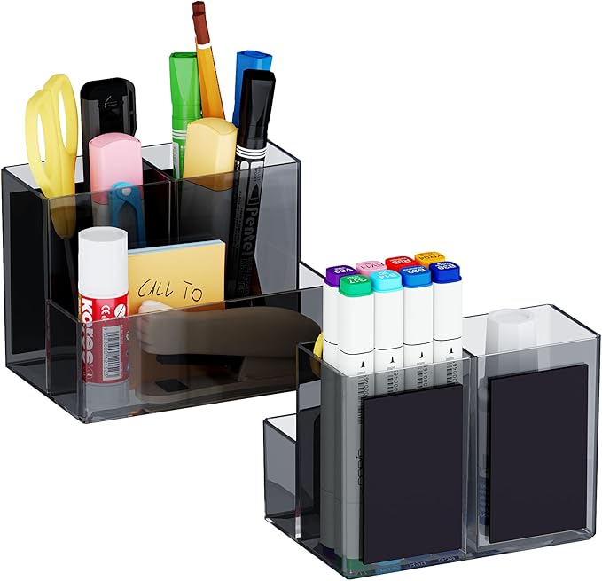 Marbrasse Acrylic Magnetic Pen Holder, 2 Pack Dry Erase Marker Holder, Magnetic Whiteboard Pencil Holders for Refrigerator, Locker, School and Office,Grey