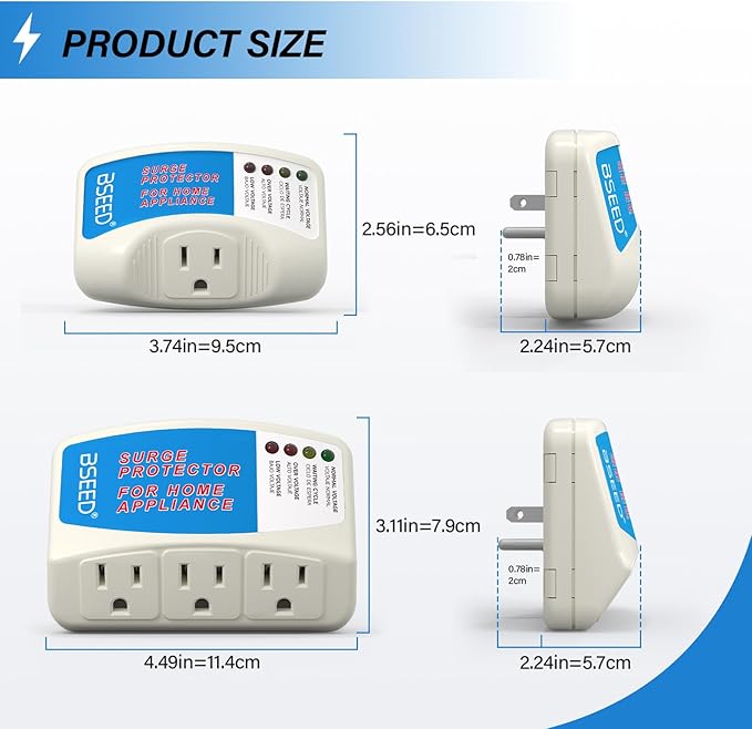 BSEED Home Appliance Surge Protector, Surge Protector for Refrigerator Wall Mount Three Plugs with Protection Low/High Voltage Protector Brownout Outlet Plug in 125V, 1875W, 2 Pack