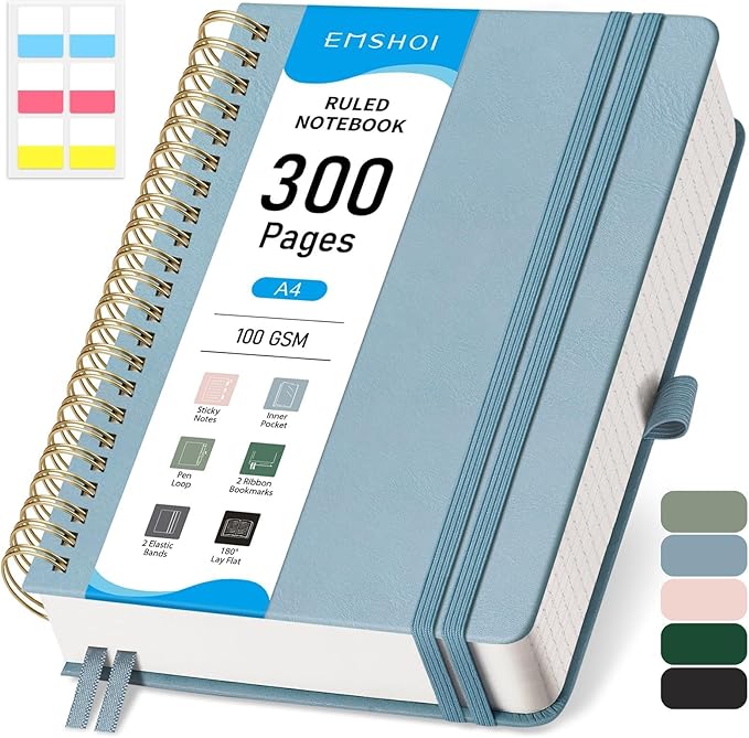 EMSHOI A4 Leather Hardcover Spiral Notebook College Ruled – 300 Numbered Pages, 100 GSM, Lined Journal for Women & Men Work, Journaling, Note-Taking, 8.27” x 11.2” Gray Blue