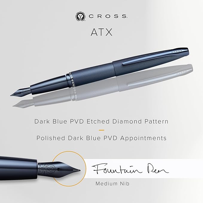 Cross ATX Refillable Fountain Presented in a Luxury Gift Box - Medium Point, Black Ink, Sandblasted Dark Blue