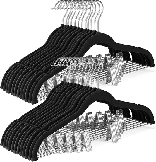 HOUSE DAY Velvet Skirt Hangers 72 Pack, Black Velvet Hanger with Adjustable Clips, Space Saving Slim Pant Hangers, Heavy Duty Non Slip Clip Hanger for Pants, Skirts, Shorts