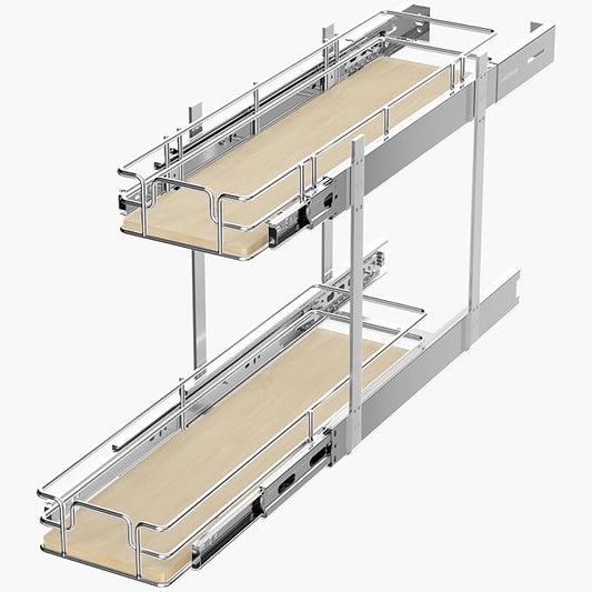 ROOMTEC 2 Tier Individual Pull Out Cabinet Organizer 5½"W x 21½"D, Slide Out Wood Shelves Organizers, Pull Out Drawers Organization and Storage for Kitchen Cabinet