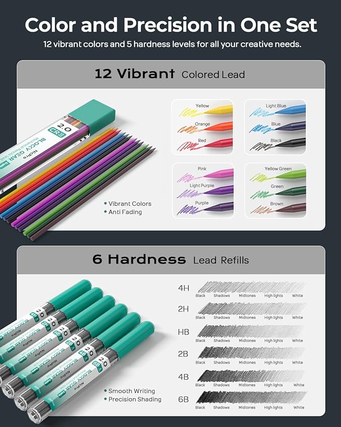 Nicpro 2mm Mechanical Pencils in Case, 3 Pack Blocky Gear Metal Drafting Lead Holder with 13 Tubes 2mm Lead Refills (HB 2B 2H 4B 4H 6B & Colors), Erasers for Carpenter Writing Drawing Woodworking