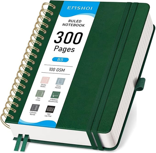 EMSHOI B5 Hardcover Leather Spiral Notebook College Ruled, 300 Numbered Pages, 100 GSM Thick Paper - Lined Journal for Men Women Work, Writing & Note-Taking, 7.48"x10.15", Dark Green