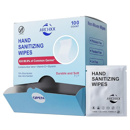 Premium Hand Sanitizing Wipes, 100 Count Non-Woven Wet Wipes Travel Size, Aloe Vera Scent, 70% Alcohol, Individually Wrapped, for Home, Office & Outdoor, Drawstring Bag Included