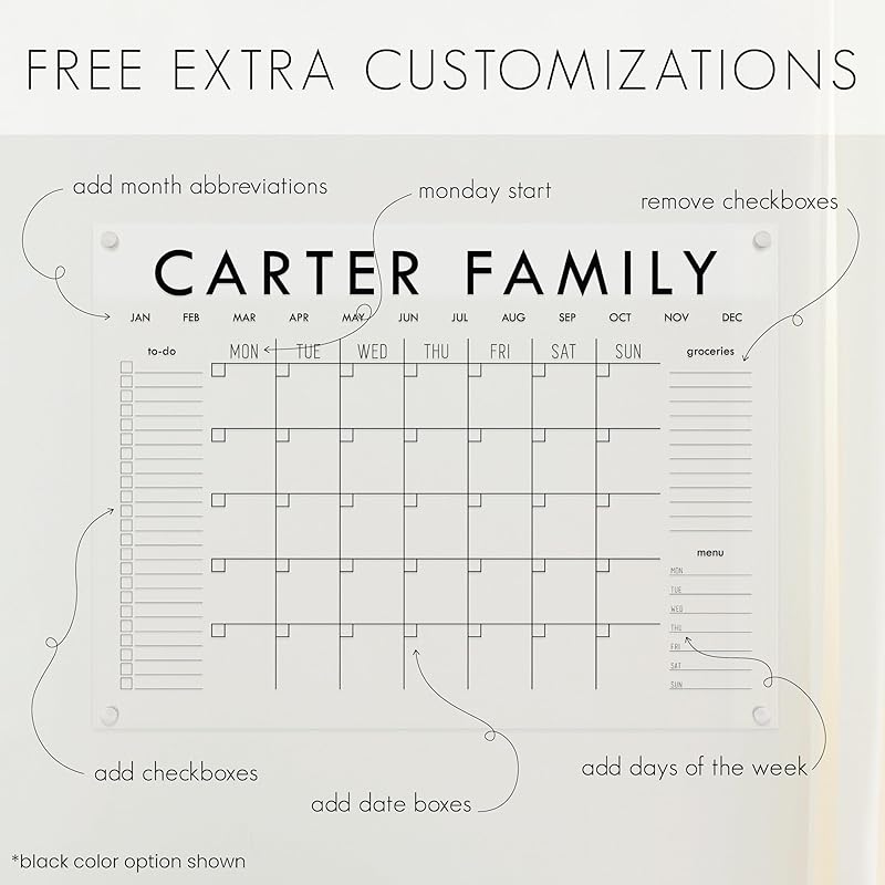 Personalized Clear Acrylic Calendar for Wall, Calendar Whiteboard for Wall, Dry Erase Wall Calendar, Wall Calendar Organizer System for Home (Block, Grey, 47.5"W x 36"H)