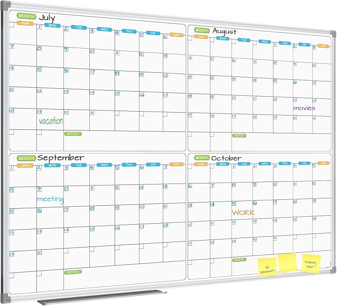 JILoffice Magnetic Dry Erase Calendar Whiteboard, 4 Month White Board Planner 48 X 36 Inch, Silver Aluminum Frame Wall Mounted Board for Office Home and School