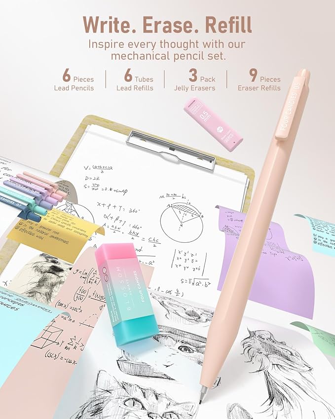 Four Candies 39 PCS Cute School Supplies with Pen Case for Girls - 5 Black Ink Gel Pens, 12 Pastel Highlighters, 6 Aesthetic Mechanical Pencils Set for Stationary College Essentials (Cream)