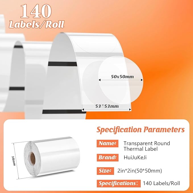 HuiJuKeJi 3 Rolls Transparent Round Thermal Labels, 2 Inch Circle Adhesive Direct Sticker Paper for Phomemo M220/M221/M100/M110/241BT, Multipurpose Clear Custom Sticker Label-140pcs/Roll