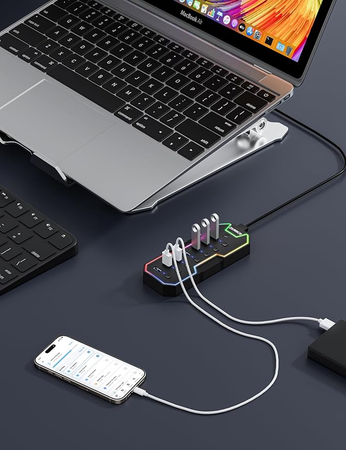 ZIUMIER USB 3.0 Hub,7 Ports USB Expander with RGB LED Strip for MacBook, Mac Pro, Mac mini, iMac, Surface Pro, XPS, PC, Flash Drive, Mobile HDD