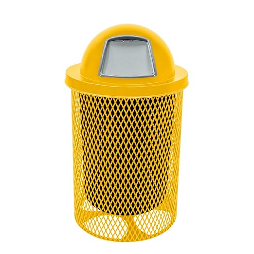 COATEDOUTDOORFURNITURE 32-Gallon Heavy-Duty Expanded Metal Round Trash Receptacle, Commercial Outdoor Waste Bin with Liner & Dome Lid – Made in America (Textured Yellow)