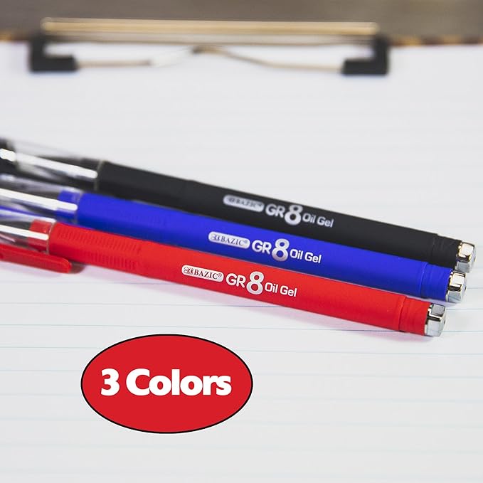 BAZIC Oil Gel Ink Pen, GR8 Assorted Colors w/Rubberized Barrel, 0.7 mm Medium Point Smooth Writing, for Office School (3/Pack), 24-Pack