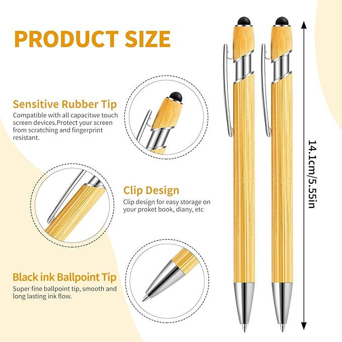 Personalized Pen Bamboo Pen with Stylus -Customizable Text Logo Name, Ballpoint Pens with Black Ink, Personalized Gift Ideas for Office School Business Home(30 Count/Pack)