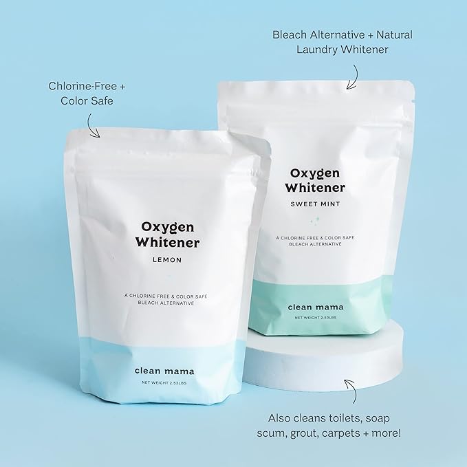 Clean Mama Natural Oxygen Whitener and Stain Remover - Color-Safe Natural Bleach Alternative - Plant-Derived Oxygen Powder, Whitens & Brightens Whites and Colors - Lemon, 2.53 lbs, 2 Pack